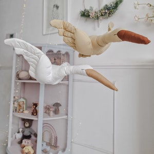 Hanging Flying Swan, Beige Stuffed Bird Pillow, Baby Animal Mobile, Nursery Plush Decoration, Baby Shower Gift, Swan Toy, Nursery Decor