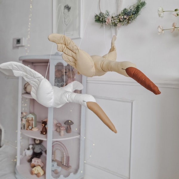 Hanging Flying Swan, Beige Stuffed Bird Pillow, Baby Animal Mobile, Nursery Plush Decoration, Baby Shower Gift, Swan Toy, Nursery Decor