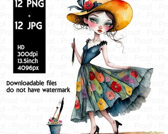12 schrullig Mädchen Clipart Bundle, skurrile Aquarell-Illustration, PNG/JPEG, Sammelalbum, druckbares Modedesign, Bastelprojekte, Kinderzimmer Kunst