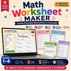 May include: A laptop displays a math worksheet maker interface with colorful text and graphics. The image includes sample worksheets, answer keys, and icons for features like timed quizzes and multiple themes. The text reads "Math Worksheet Maker."