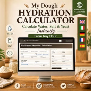 Puede incluir: Una pantalla de ordenador muestra una calculadora de hidratación de masa, con el texto "My Dough Hydration Calculator". La imagen incluye iconos de agua, sal y levadura, junto con una hogaza de pan y cuencos de harina. El texto dice "Calculate Water, Salt & Yeast Instantly From Any Flour."