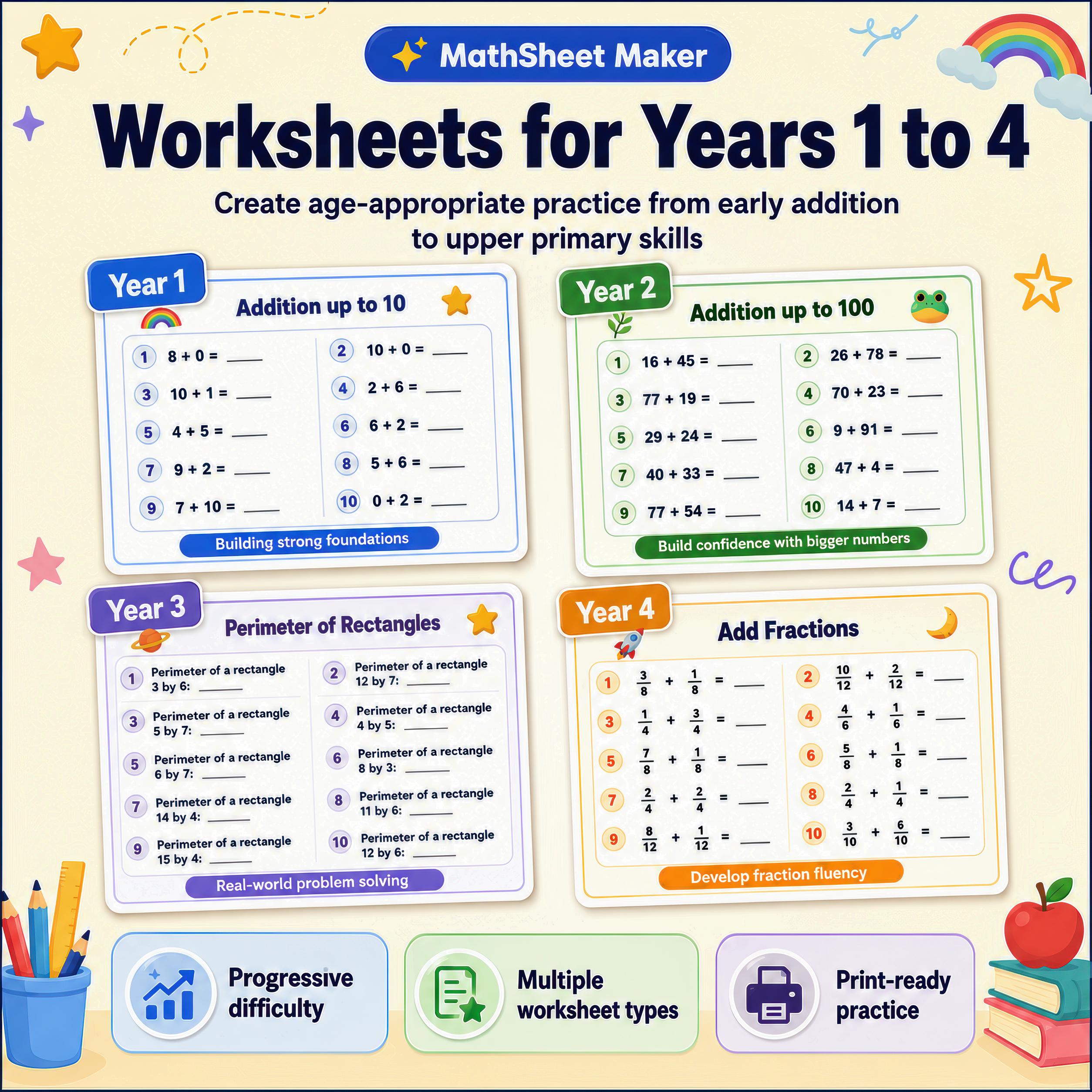 Math Homework Maker Math Worksheet Maker App, Printable Worksheets for Years 1 to 4, Timed ...