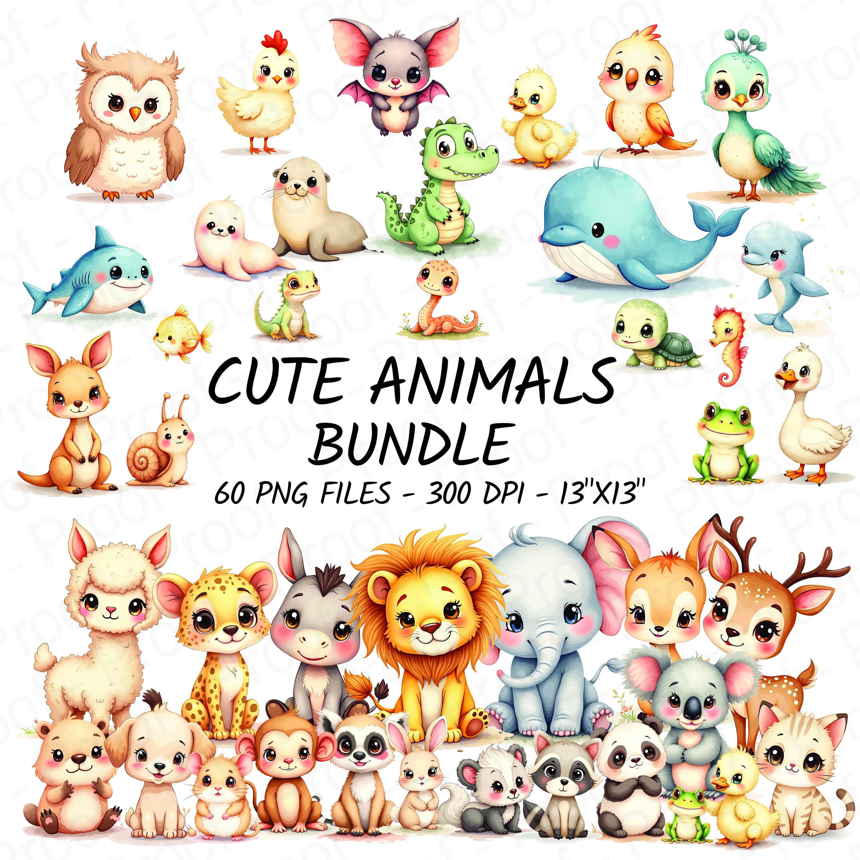 Niedliche Tiere Clipart Bundle | 60 PNG Aquarell Designs für Kinderzimmer Dekor, Scrapbooking & Basteln, entzückende Baby Tiere