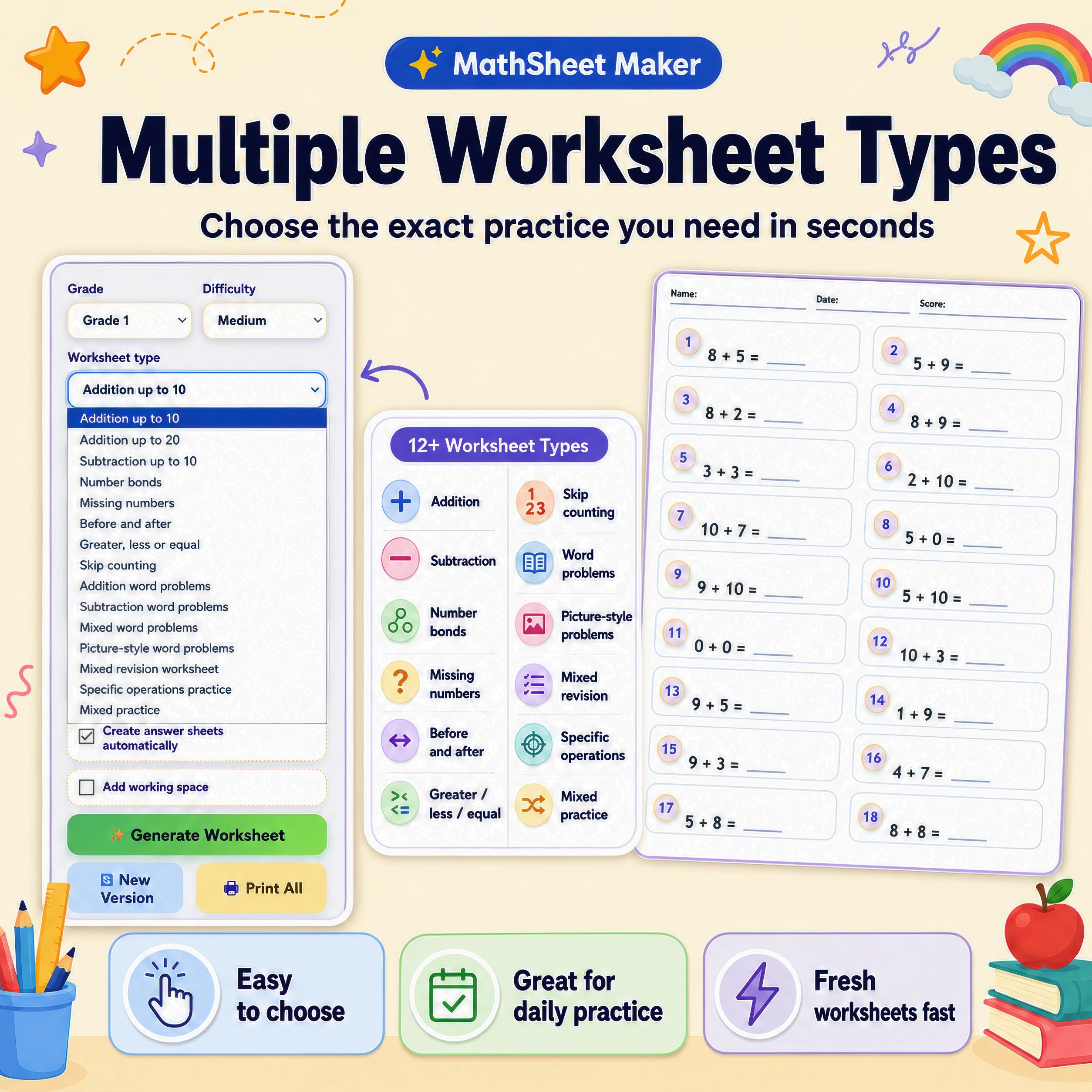 Math Worksheet Maker App, Printable Worksheets for Years 1 to 4, Timed ...