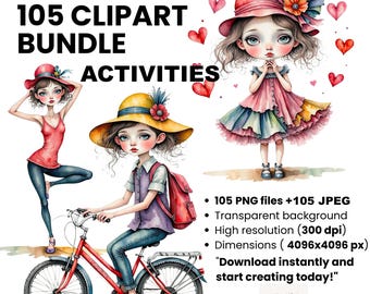 Quirky Girl Clipart Bundle: Watercolor Activity Graphics (PNG+JPG)
