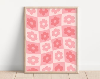 Retro Wavy Flower Print, Pink Checkerboard Flower Printable Wall Art, Trendy 70's Poster, Digital Download Print, Printable Flower Art