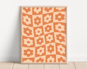 Retro Wavy Flower Print, Checkerboard Flower Printable Wall Art, Trendy 70's Poster, Digital Download Print, Printable Flower Art