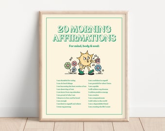 Morning Affirmations Wall Print, Daily Positive Affirmations, Retro Sun Wall Decor Poster, Digital Download Print, Cute Classroom Wall Decor