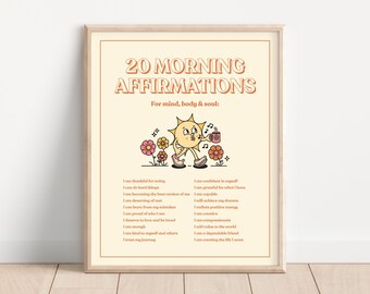 Morning Affirmations Wall Print, Daily Positive Affirmations, Retro Sun Wall Decor Poster, Digital Download Print, Cute Classroom Wall Decor