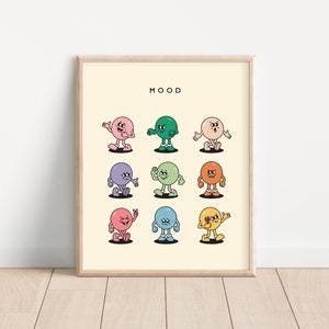May include: A printable wall art print with the word "MOOD" at the top and nine colorful cartoon characters with different facial expressions. Each character is a circle with arms and legs.