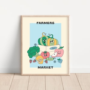 Fruit and Veggie Wall Print, Farmers Market Retro Wall Art, Trendy 70's Poster, Downloadable Prints, Retro Kitchen Poster, Classroom Decor