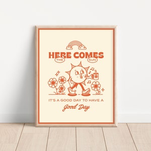 Retro Wall Print Quote, Here Comes The Sun Retro Wall Decor, Trendy 70's Poster, Digital Download Print, Printable Art, Retro Aesthetic