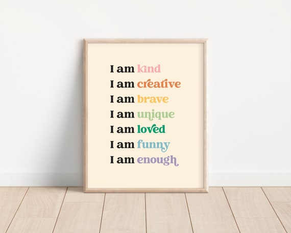Affirmations for Kids, Rainbow Affirmation Wall Print, Digital Download Print, I am Kind, Printable Classroom Decor, Playroom Wall Decor