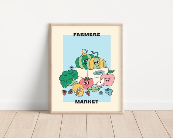 Fruit and Veggie Wall Print, Farmers Market Retro Wall Art, Trendy 70's Poster, Downloadable Prints, Retro Kitchen Poster, Classroom Decor