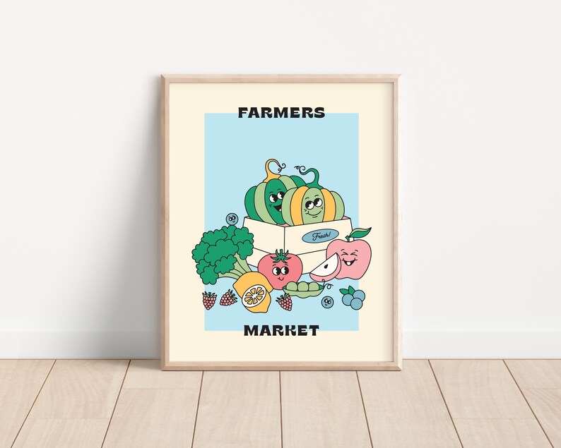 May include: A colorful illustration of a farmers market with a box of fresh produce, including pumpkins, a tomato, an apple, a lemon, broccoli, strawberries, and blueberries. The text "FARMERS MARKET" is at the top and bottom of the image.