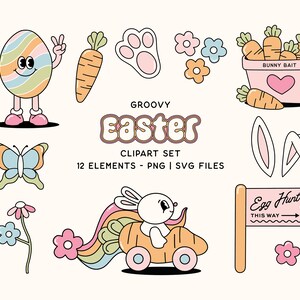 Groovy Easter SVG Bundle, Easter Bunny, Trendy Easter Egg, Retro Easter Clipart, Spring Aesthetic PNG, Digital Sublimation File, 70&#39;s Retro