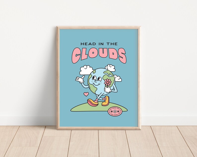 May include: A blue and green cartoon Earth with a pink flower and a smiling face, walking on a green path with the text "HEAD IN THE CLOUDS" in pink and blue letters. The Earth is wearing pink shoes and a pink heart is floating above it. The text "GOOD FOR THE SOUL GOOD FOR THE WORLD" is in a circle with a flower.
