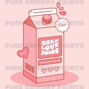 May include: A pink carton of self-love juice with the words "Self Love Juice" and "Confidence Flavoured" printed on it. The carton has a red heart with the text "24/7" on it and a red star with the text "Fresh!" on it.