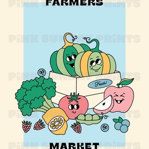 May include: A colorful illustration of a farmers market with a box of fresh produce. The box contains two pumpkins, a tomato, a green pea pod, and an apple. There are also blueberries, raspberries, and a lemon.