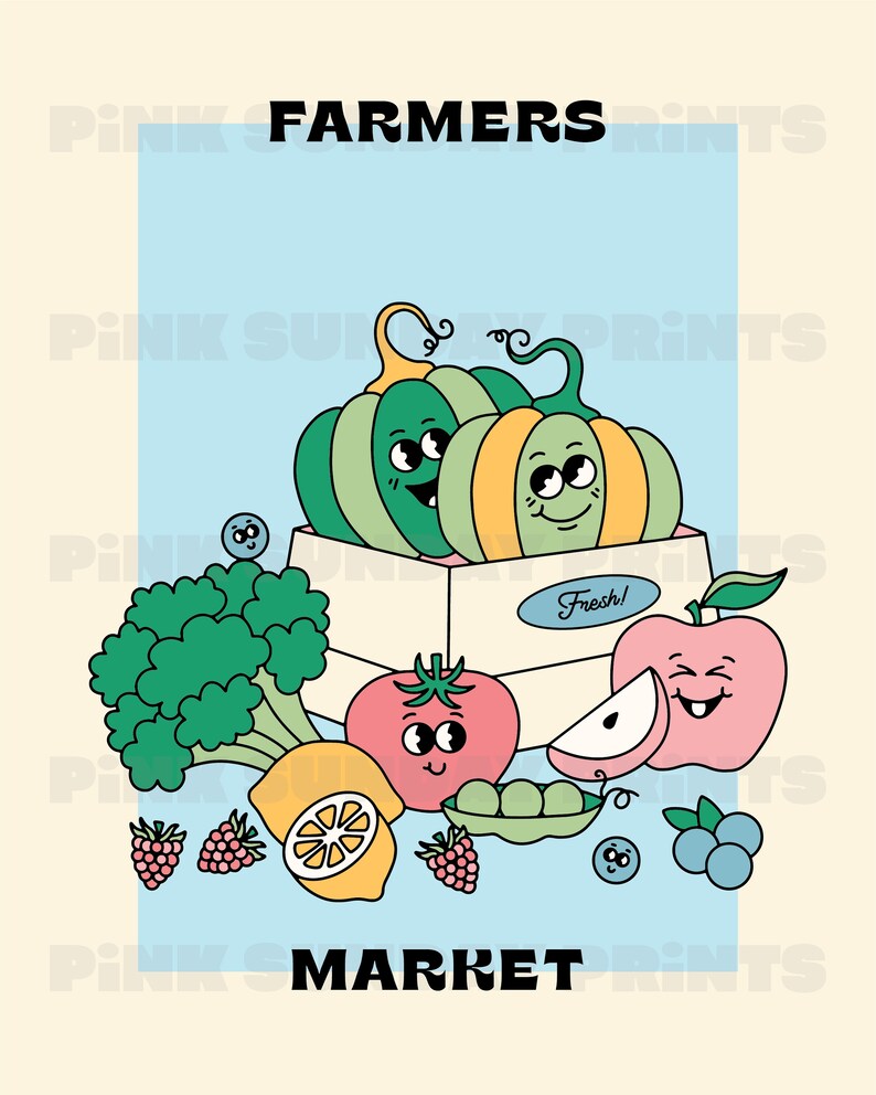 May include: A colorful illustration of a farmers market with a box of fresh produce. The box contains two pumpkins, a tomato, a green pea pod, and an apple. There are also blueberries, raspberries, and a lemon.