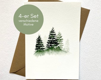 Set of 4 winter cards | Hand-made aquarelle motifs | Watercolour design | Minimalist winter card set | 4 Christmas cards