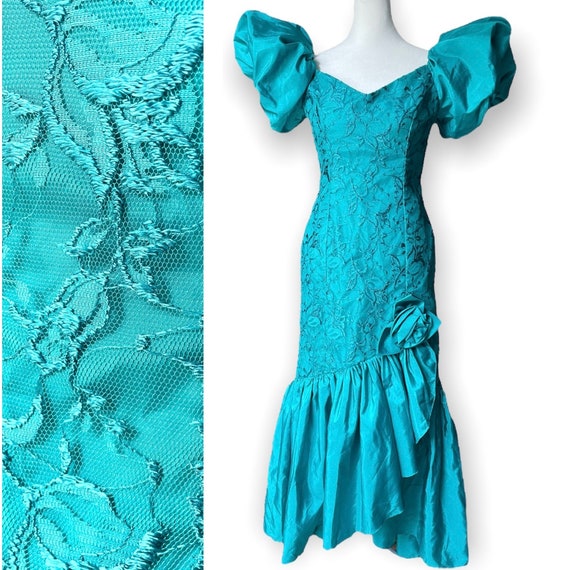 80s Lace Mermaid Turquoise Puff Sleeve Prom Dress