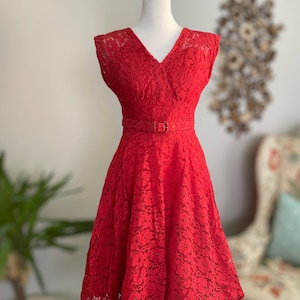 50s MCM Red Lace Vintage Dress image 1