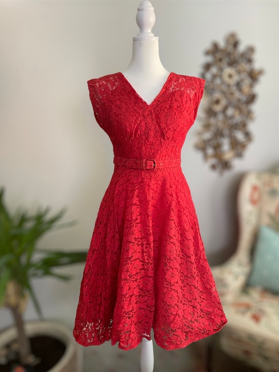 50s MCM Red Lace Vintage Dress - image 1