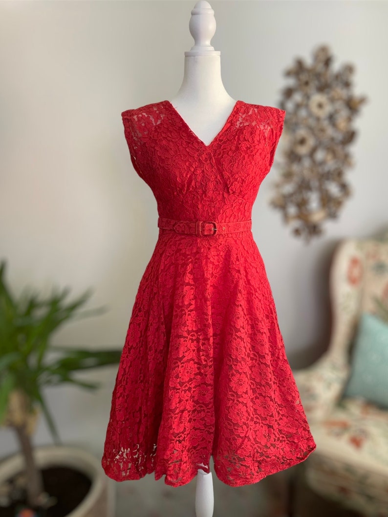 50s MCM Red Lace Vintage Dress image 1