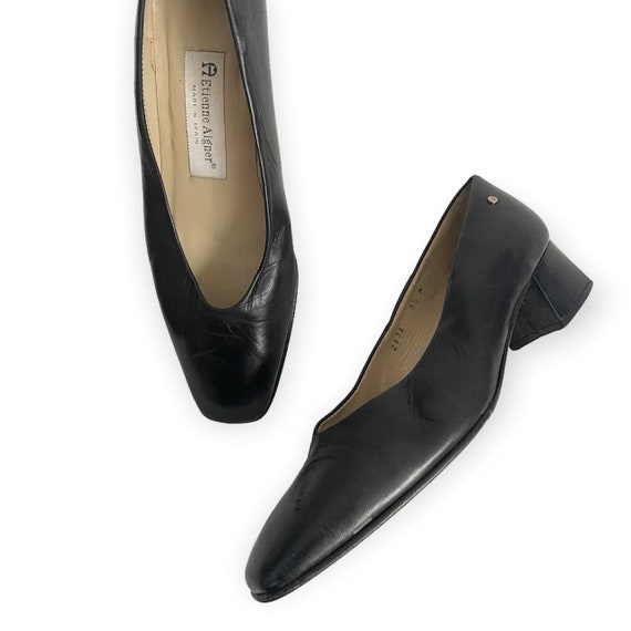 Etienne Aigner Vintage Black Leather Block Heels