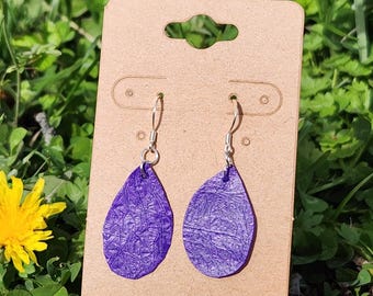Upcycled Faux Leather Purple Teardrop Earrings (made from plastic)