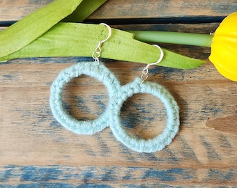 Mint Green Macrame Earrings | Upcycled Bottle Ring Boho Dangle Jewelry