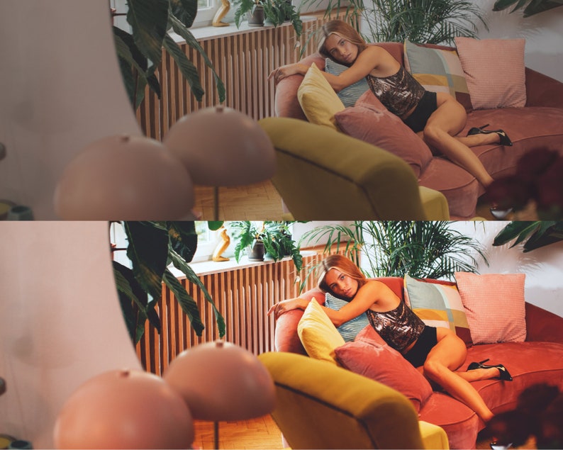 Puede incluir: Una mujer con un top brillante y pantalones cortos negros est&aacute; sentada en un sof&aacute; de terciopelo rosa con almohadas amarillas y rosas. El sof&aacute; est&aacute; en una habitaci&oacute;n con plantas y una pared de madera.