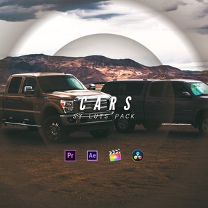 May include: A digital product for editing photos and videos of cars. The image shows two trucks parked on a dirt road with mountains in the background. The text "CARS LUT PACK" is displayed in white letters on a black background.