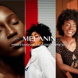 Peut inclure: Trois femmes à la peau foncée sont présentées dans cette image. La femme de gauche a les yeux fermés et porte une chemise blanche. La femme du milieu a les yeux ouverts et porte une veste en fourrure blanche. La femme de droite sourit et porte une robe à pois noirs et blancs. Le texte "MELANIN PROFESSIONAL LIGHTROOM PRESETS" est affiché en lettres blanches sur un fond rouge et blanc.