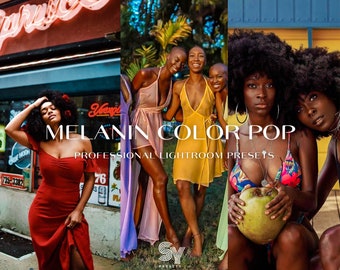 May include: Three women with dark skin and curly hair are wearing colorful clothing. The woman on the left is wearing a red dress. The woman in the middle is wearing a yellow dress. The woman on the right is wearing a colorful swimsuit and holding a coconut. The text "MELANIN COLOR POP PROFESSIONAL LIGHTROOM PRESETS" is displayed on the image.
