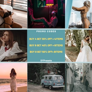 May include: A collage of images with a blue background and text that reads "PROMO CODES" and "BUY 4 GET 30% OFF = 4ITEMS, BUY 6 GET 40% OFF = 6ITEMS, BUY 8 GET 50% OFF=8ITEMS" and "SYPresets".