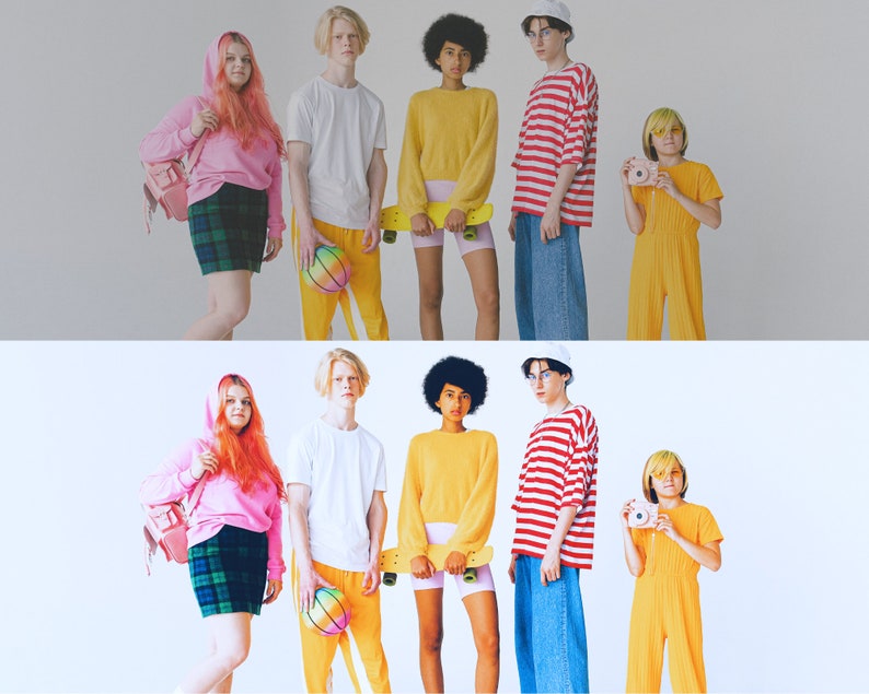 Puede incluir: Un grupo de seis amigos con ropa colorida posan para una foto. Dos personas sostienen patinetas, una sostiene una pelota de baloncesto y una sostiene una c&aacute;mara.