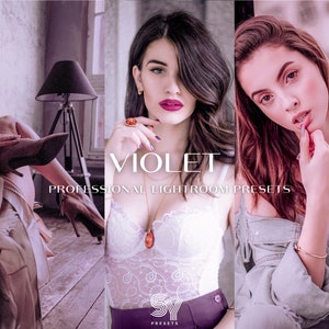 Puede incluir: Tres mujeres con diferentes peinados y ropa posan para una foto. El texto "VIOLET PROFESSIONAL LIGHTROOM PRESETS" se muestra en el centro de la imagen. El texto "SY PRESETS" se muestra en la parte inferior central de la imagen.