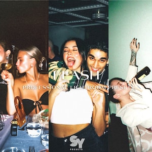 May include: A triptych image showing people socialising with drinks. The word "FLASH" is visible, along with "PROFESSIONAL LIGHTROOM PRESETS" and the "SY PRESETS" logo. The image has a vintage, film-like aesthetic, with a focus on nightlife.