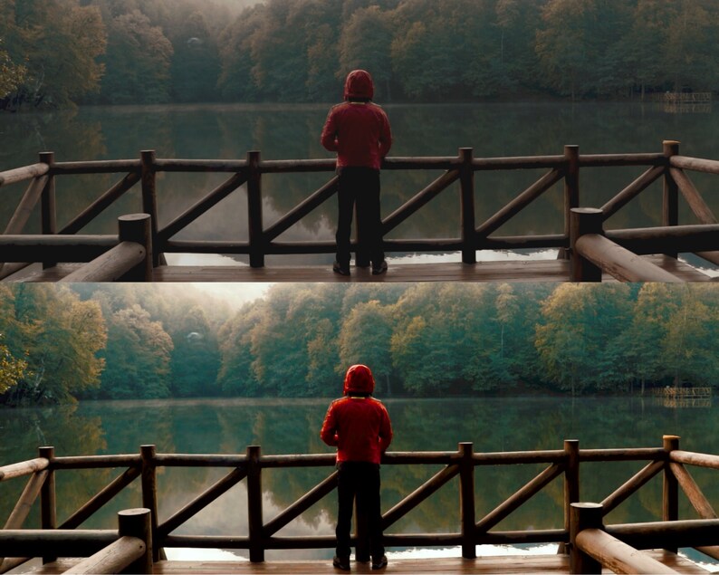 Puede incluir: Una persona con una chaqueta roja con capucha se encuentra de pie en una plataforma de madera con vistas a un lago. El lago est&aacute; rodeado de &aacute;rboles y el agua est&aacute; tranquila y reflectante.