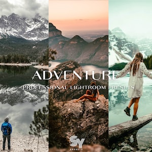 May include: A set of Lightroom presets called "Adventure" with a mountain lake and a person standing on a log in the water. The presets are designed to enhance photos of nature and outdoor adventures.