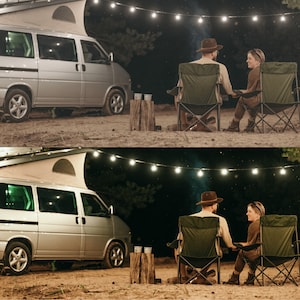 May include: A silver van with a pop-up roof is parked in a campsite at night. A couple sits in folding chairs in front of the van, under a string of lights.