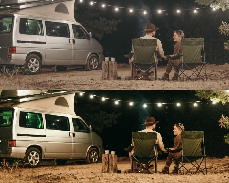 May include: A silver van with a pop-up roof is parked in a campsite at night. A couple sits in folding chairs in front of the van, under a string of lights.