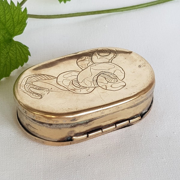 Snuff box with snake pattern. Antique double lidded snuff box. Vintage pill box, Tobacco Box, Storage box for Herbs. Anaconda pattern.