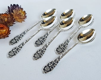 Sterling silver teaspoons, stamped 830 S, Sweden three crowns, set of 6. Demitasse spoons with rose pattern. Swedish antique spoons.