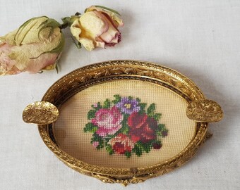 Unique, antique ashtray. Small oval ashtray decorated with embroidery. Vintage ashtray. Collection.