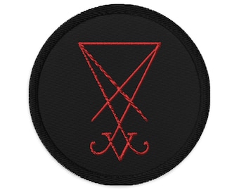 Parche bordado con el sello de Lucifer, negro y rojo