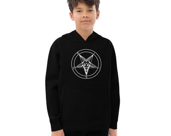 May include: Black hooded sweatshirt with a white pentagram and goat head design.