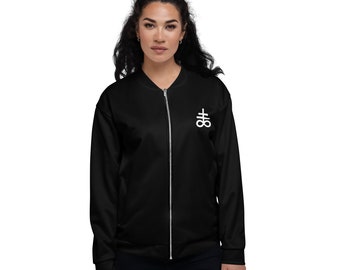 May include: Black bomber jacket with a white upside-down cross and infinity symbol on the left chest.